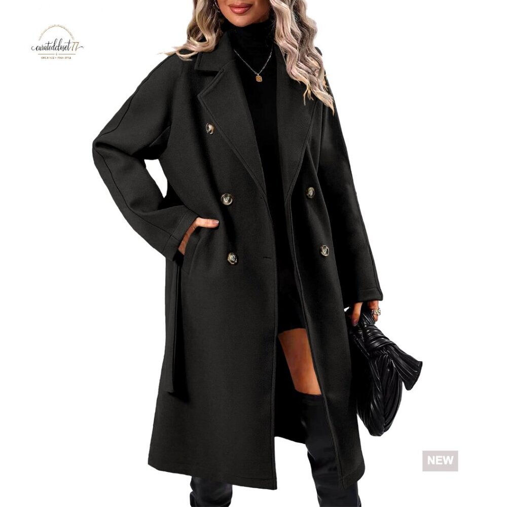 Elegant Wool Pea Coat Double Breasted Belted Classic Winter Overcoat Long Sleeve